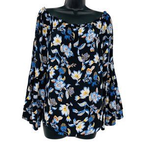 White House Black Market Floral Blouse - Black and Blue